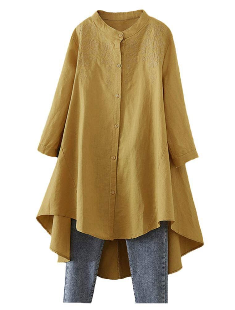 Minibee Women's Cotton Linen Shirt High Low Button Down Embroidered Blouse Long Sleeve Tunic Tops Yellow 2XL - Image 1